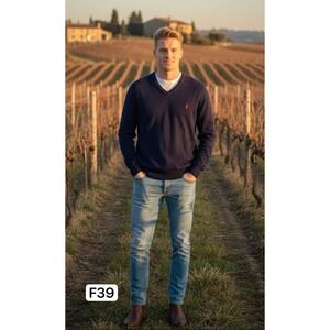 Men's Polo Ralph Lauren Merino Wool V-Neck Sweater Sz L Navy Blue Preppy Classic